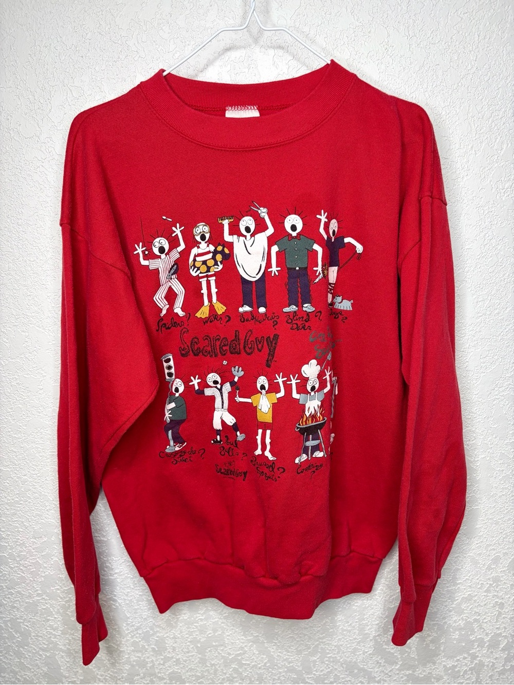 Vintage Scared Guy Red Crew Sweatshirt Cartoon Size XL Katie Freedman Art 1990s